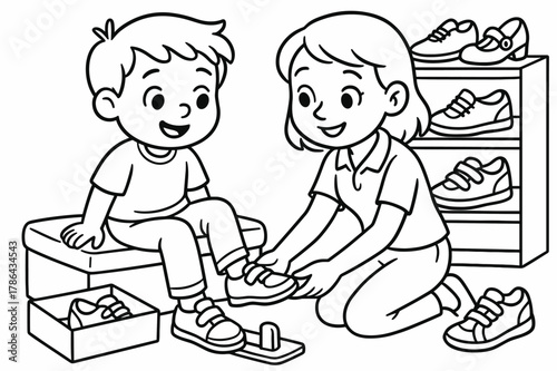 Shoe-Fitting Coloring Page. Shoe fitting children?s coloring book illustration, outlined drawing, child trying