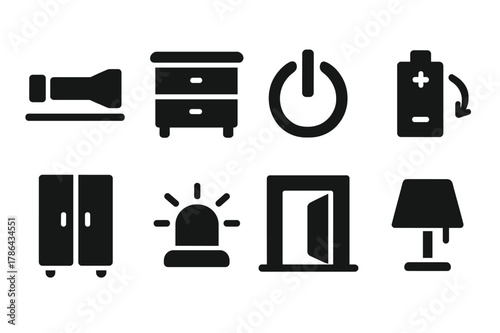 Home Use Icon Set. Home use. Filled icon set of home use: flashlight on table, nightstand, power button,
