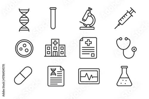 Scientific Medical Icons. Scientific medical icons. Line outline icon set of scientific medical icons: DNA