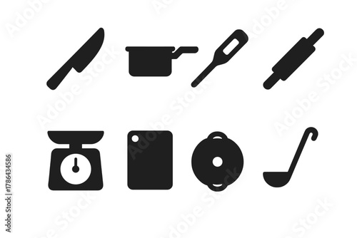 Black Culinary Tools Icons. Culinary tools. Filled icon set of culinary tools: chef?s knife, saucepan, digital