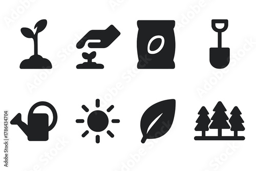 Reforestation Icon Set. Reforestation and planting. Filled icon set of reforestation and planting: tree