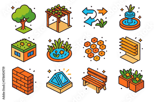 Green Urban Icons. Green architecture in urban spaces without technology. Colorful isometric vector icons set of Green architecture in urban spaces without