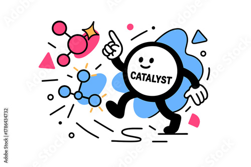 Catalyst Interaction Dynamics. Catalyst. Catalyst particle interacting with molecules with floating abstract geometric shapes and glowing highlights, dynamic