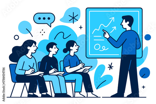 Interactive Workshop Scene. Workshop Session. A presenter explains a concept on a glowing digital board;