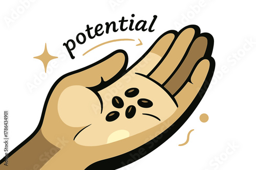 Seeds of Potential. Seeds ? In the Palm. Close-up of fingers holding small seeds under soft light; caption ?potential? whispers along a curved line. Minimal