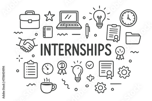 Internship Essentials Doodle. Internships. Hand-drawn doodle illustration of Internships. briefcase, laptop,