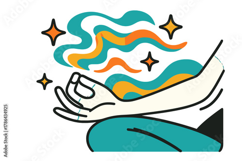 Mindful Breathing Art. Mindful breathing. A close-up of hands resting on knees with abstract waves and