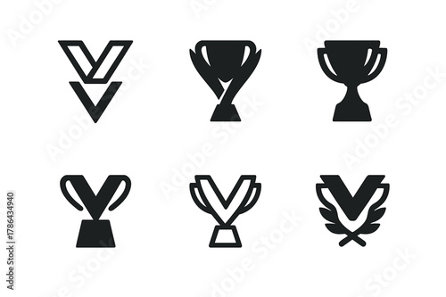 Award Logo Variations. Championship trophy. Set Logo of Championship trophy: Medal ribbon forming cup. Icon set. harmonious logo variations of the same