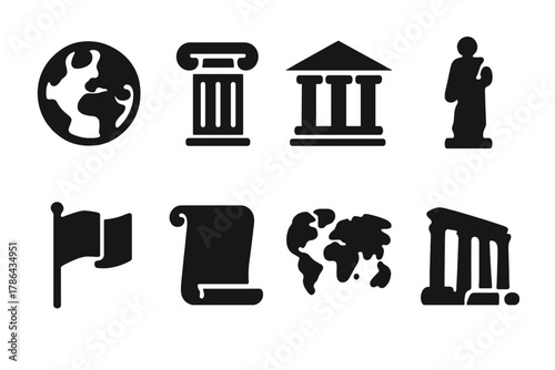 Cultural Heritage Icons. Cultural heritage. Filled icon set of Cultural heritage: globe, column, temple,