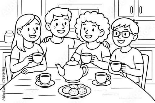 Friendly Tea Party. Kitchen table polyamory children?s coloring book illustration, outlined drawing, group of smiling friends sharing tea around a big table,