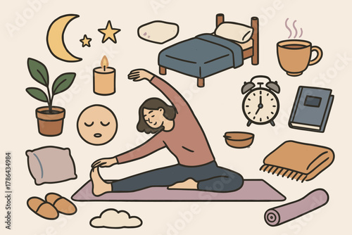 Cozy Nighttime Retreat. yoga mat, pillow, candle, moon, stars, bed, slippers, blanket, cup of tea, stretching
