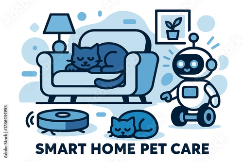 Smart Home Harmony. Smart Home Pet Care. A cozy living room with a robot vacuum cleaning while a robotic