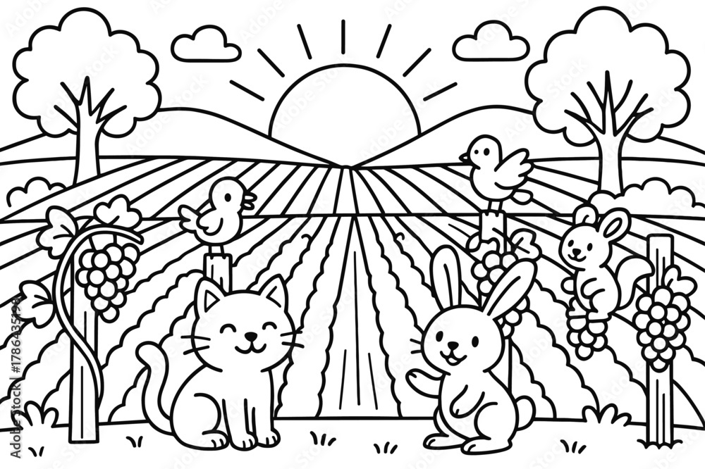 Obraz premium Vineyard Sunset Coloring. a vineyard at sunset children?s coloring book illustration, outlined drawing, a beautiful vineyard at sunset with happy animals and