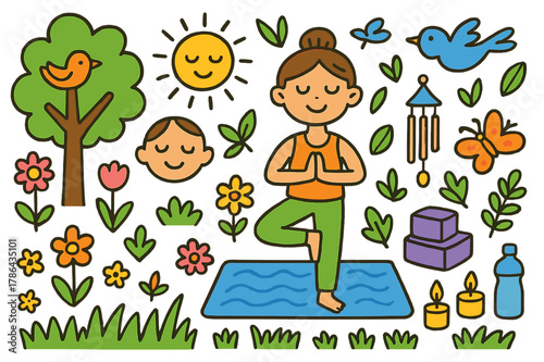 Outdoor Yoga Harmony. Outdoor yoga garden. Colorful Hand-drawn doodle Children illustration Outdoor yoga garden flowers, grass, yoga mat, butterflies, candles,