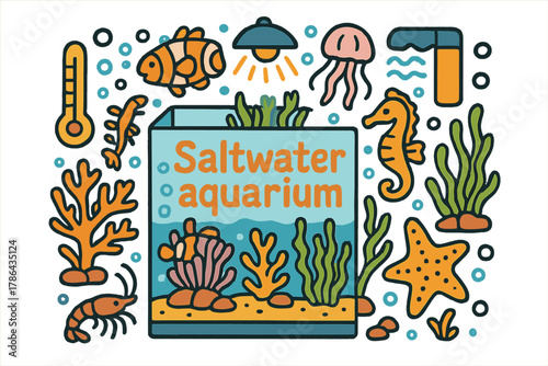 Saltwater Aquarium Doodle. Saltwater aquarium. Hand-drawn doodle illustration of Saltwater aquarium. Coral