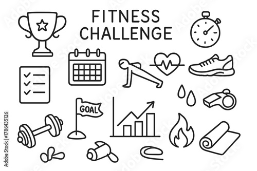 Fitness Challenge Symbols. Fitness challenge. Hand-drawn doodle illustration fitness challenge trophy, checklist, calendar, push-up icon, stopwatch, sweat