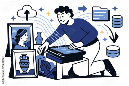 Art Meets Technology. Digital preservation. Artist scanning old paintings or artifacts for online archives;