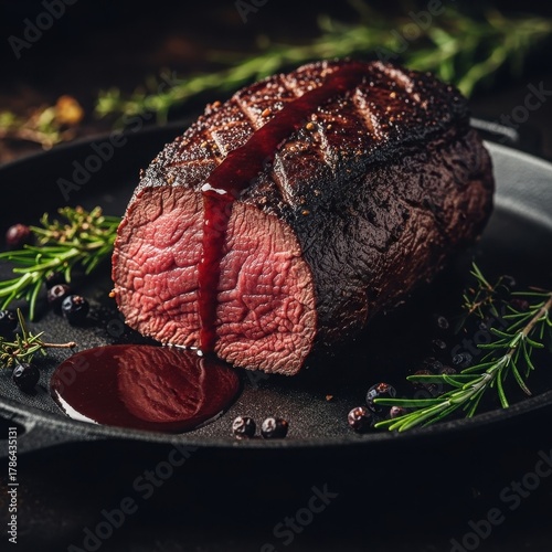 Juicy Roasted Beef Tenderloin with Rosemary and Berries.