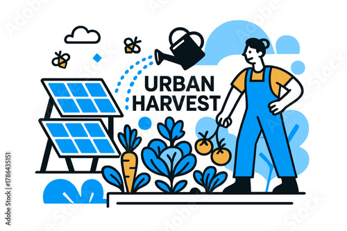 Urban Rooftop Garden. Rooftop Garden + Panels. Vegetables sprout beside elevated PV frames; watering can pours a dotted arc labeled ?Urban Harvest.? Bees buzz