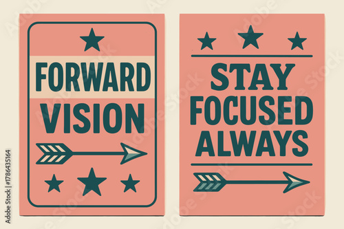 Retro Vision Banners. Forward vision. Two vertical A6 banners with safe margins, centered composition, no elements touching edges, retro, pink and teal,