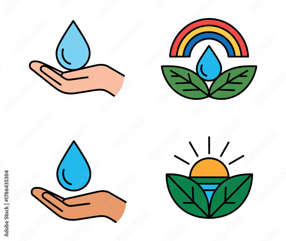 Naklejka premium Four icons depicting water conservation and environmental care are displayed.