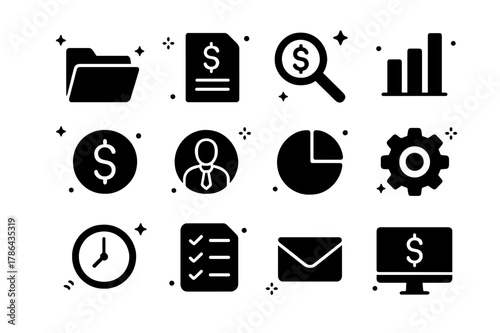 Salary Transparency Icons. Salary Transparency. Solid icons set of Salary Transparency: open folder, document, magnifying glass, bar chart, dollar sign,