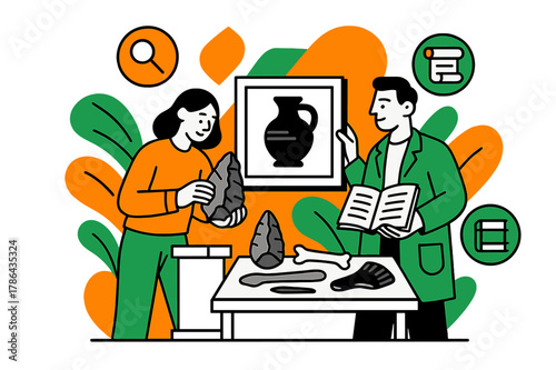 Artifact Curation Display. Artifact curation. Curators arranging exhibits of ancient tools and cultural items,