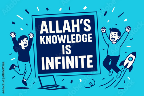 Infinite Knowledge Celebration. Allah?s Knowledge is Infinite banner, flat vector illustration, bold oversized text inside rectangular frame, cartoon