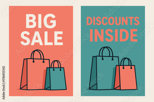 Big Sale Banners. SALE. Two vertical A6 banners with safe margins, centered composition, no elements touching edges, modern, coral and teal, shopping bags,