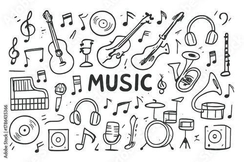 Music Icon Doodle. Music. Hand-drawn doodle illustration Music guitars, pianos, microphones, headphones, speakers, vinyl records, CDs, musical notes, treble