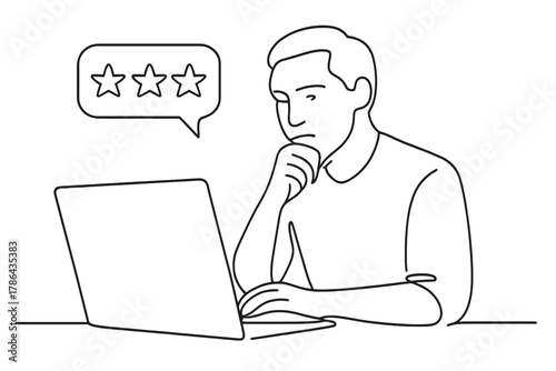 Minimalist Feedback Reading. Online Feedback. Minimalistic one-line drawing person reading reviews on laptop