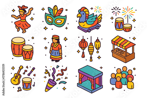 Cultural Festival Icons. Cultural festivals. Colorful isometric vector icons set of cultural festivals: traditional dance, festival mask, parade float,