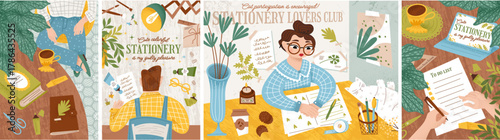 Stationery and cozy workplace. Vector cute illustration of a people working at a desk, hands writing a letter, and people sitting at a table surrounded by office supplies, coffee, paper, and a notepad