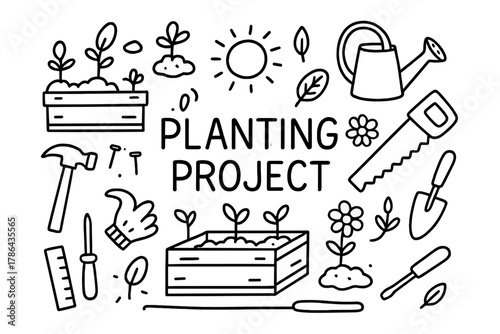 Planting Project Doodle. Planting Project. Hand-drawn doodle illustration of Planting Project. planter box,