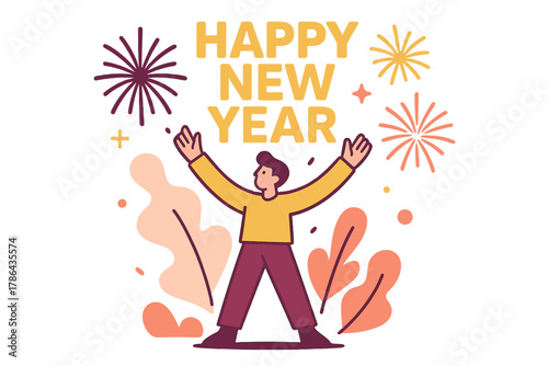 Joyous New Year Celebration. New Beginnings. A person stands with arms raised as fireworks burst above;