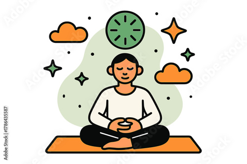 Meditative Geometry. Meditation moment. A figure sitting on a mat with closed eyes, floating abstract