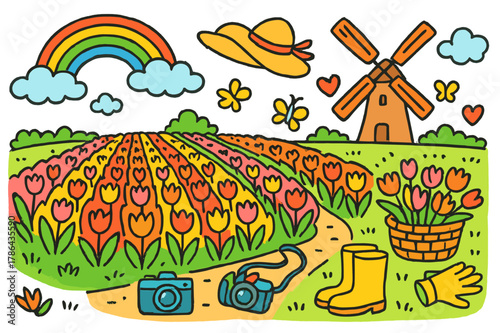 Whimsical Tulip Adventure. Tulip fields. Colorful Hand-drawn doodle Children illustration Tulip fields rows of tulips, windmill, walking path, rainbow, hat,