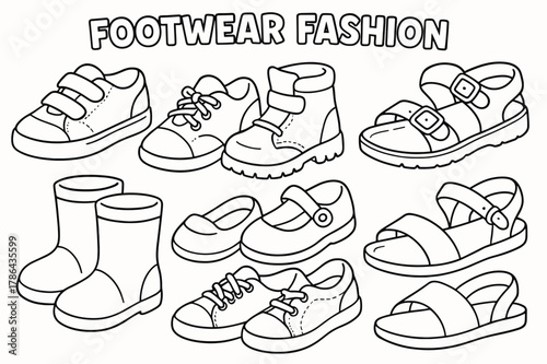 Children's Shoe Coloring Fun. Footwear fashion children?s coloring book illustration, outlined drawing,