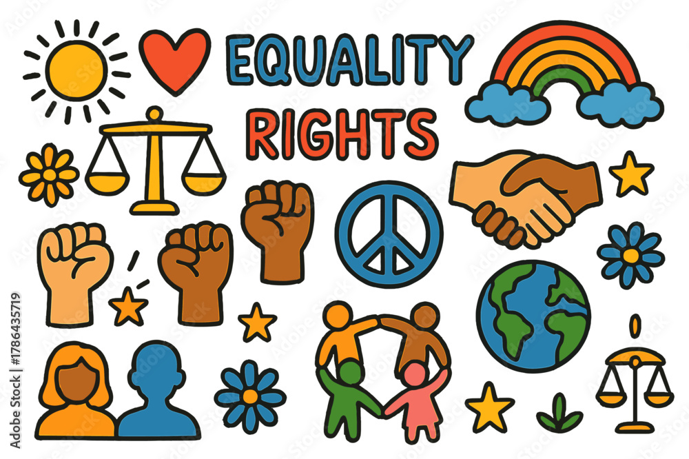 Fototapeta premium Equality and Unity Symbols. Equality and rights. Colorful Hand-drawn doodle Children illustration Equality and rights justice scales, heart, rainbow,