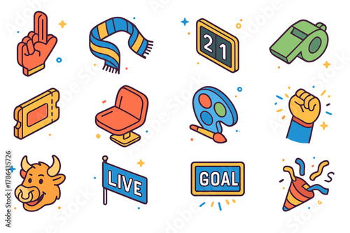 Colorful Sports Fan Icons. Sports event fan tags. Colorful isometric vector icons set of Sports event fan tags: foam finger, team scarf, scoreboard tile,