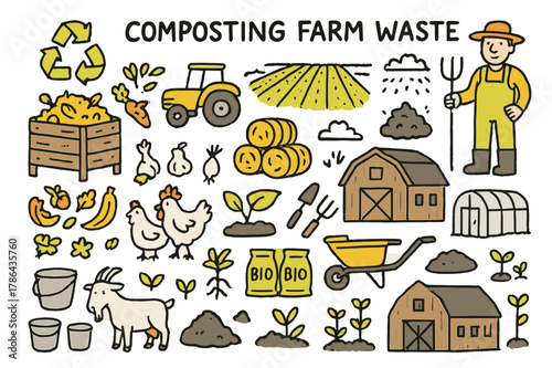 Farm Composting Doodle. Composting farm waste. Hand-drawn doodle illustration compost bin (colored), farm field (colored), crop residues (colored), tractor
