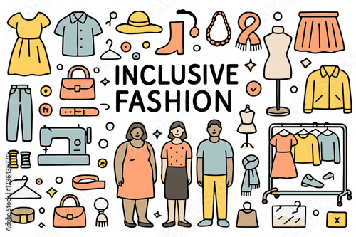 Colorful Fashion Doodles. Inclusive fashion. Hand-drawn doodle illustration dresses (colored), shirts (colored), pants (colored), skirts (colored), jackets