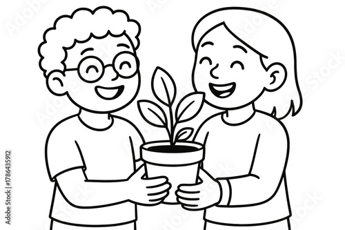 Friends Sharing Plant. Queer platonic partnership children?s coloring book illustration, outlined drawing, two friends sharing a plant and smiling, educational