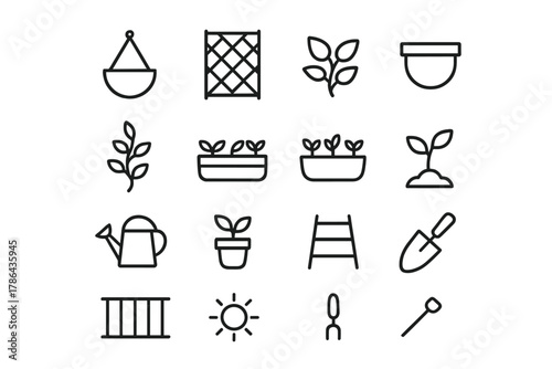 Indoor Garden Icons. Indoor vertical garden. Line outline icon set of indoor vertical garden: hanging planter,