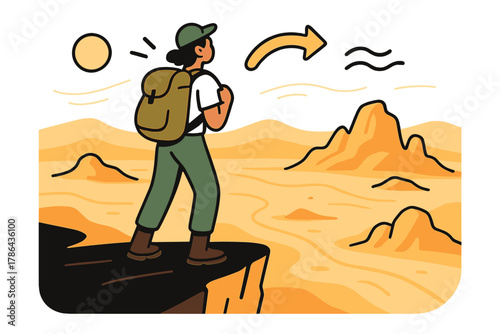 Adventurer's Desert View. A person standing at the edge of a cliff, looking out over a vast desert landscape.