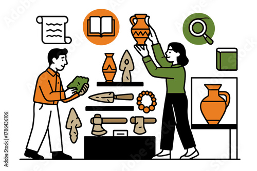 Artifact Curation Display. Artifact curation. Curators arranging exhibits of ancient tools and cultural items,