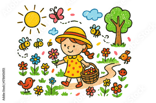 Flower Picking Fun. flower picking. Colorful Hand-drawn doodle Children illustration flower picking girl, basket, flowers, grass, sun, butterfly, tree, bees,
