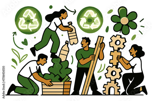 Vibrant Recycled Art. Recycled materials art. Volunteers assembling colorful sculptures from plastic and wood;