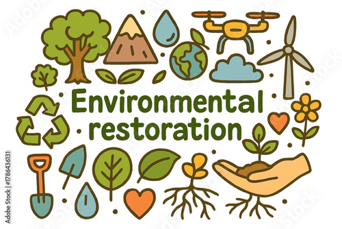 Environmental Restoration Doodle. Environmental restoration. Hand-drawn doodle illustration of environmental