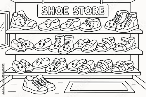 Children's Shoe Store Illustration. Shoe store children?s coloring book illustration, outlined drawing,
